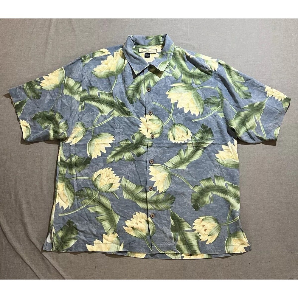 Tommy Bahama Mens Large Yellow  Floral Silk Short‎ Sleeve Button Hawaiian Shirt.